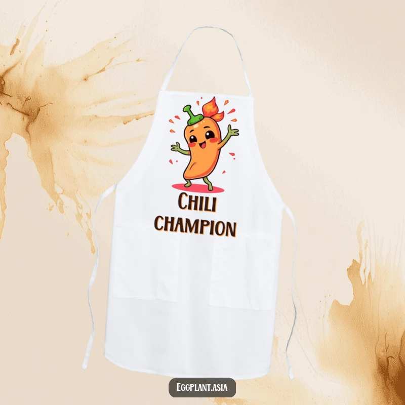 Funny spicy pepper character doing a fiery dance with animated sparks on a protective and humorous apron.