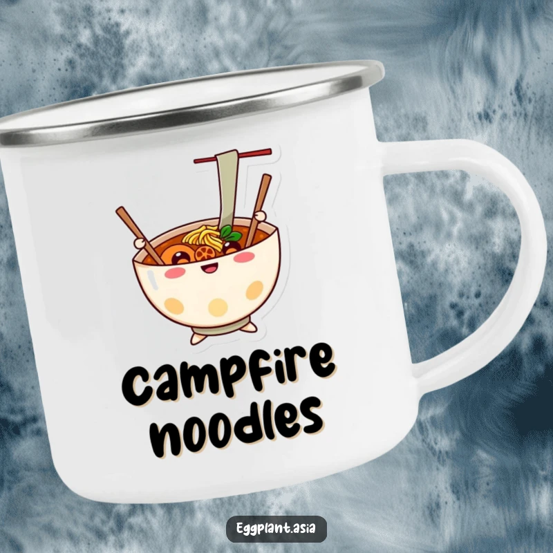 Funny cheerful ramen bowl character with chopsticks waving like arms on a sturdy enamel camping mug.
