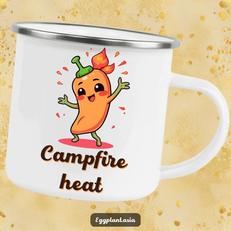 Funny spicy pepper character doing a fiery dance with animated sparks on a sturdy enamel camping mug.
