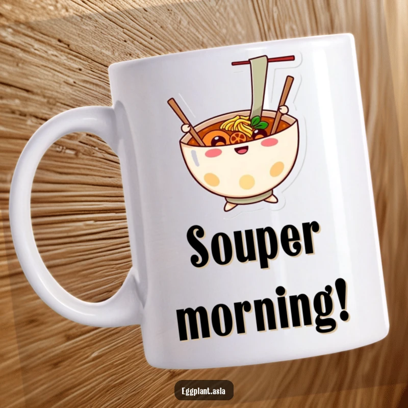 Funny cheerful ramen bowl character with chopsticks waving like happy arms on a delightful mug.