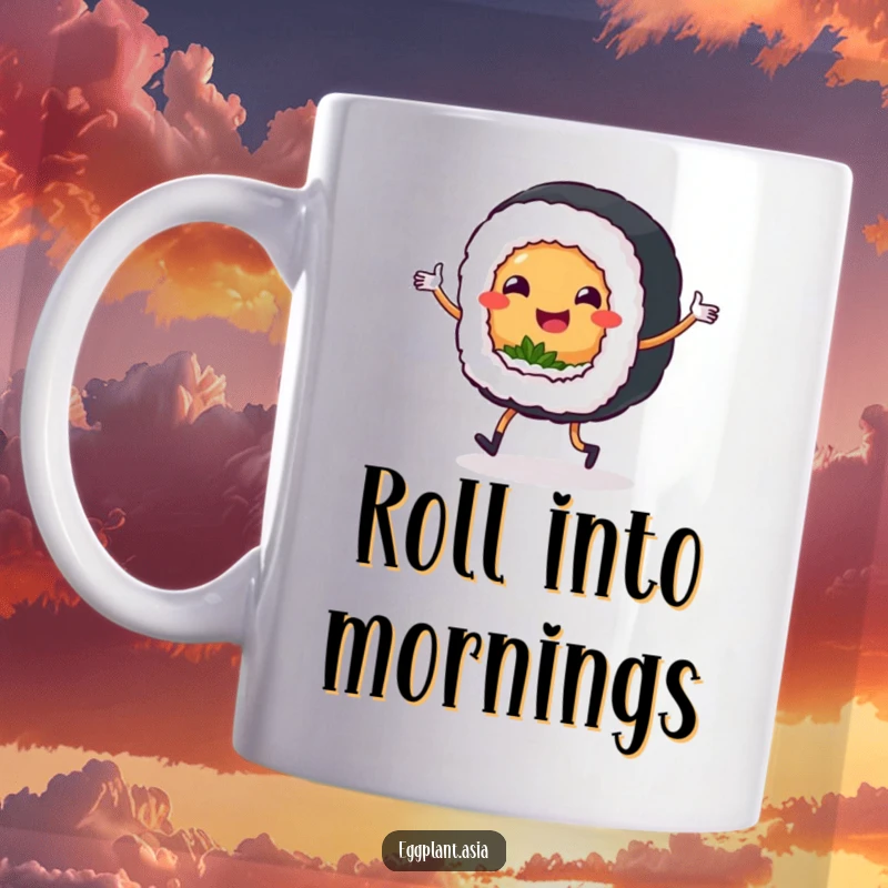 Funny smiling sushi roll character with tiny legs happily dancing a jig on a delightful mug.