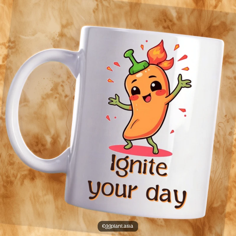 Funny spicy pepper character performing a fiery dance with animated sparks on a hot mug.