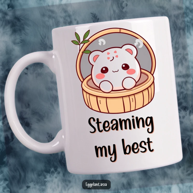 Funny shy, blushing bao bun character peeking adorably from a bamboo steamer on a delightful mug.