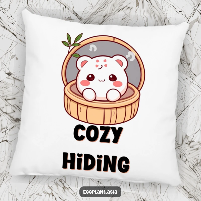 Funny shy, blushing bao bun character peeking from a bamboo steamer, featured on a plush pillow.