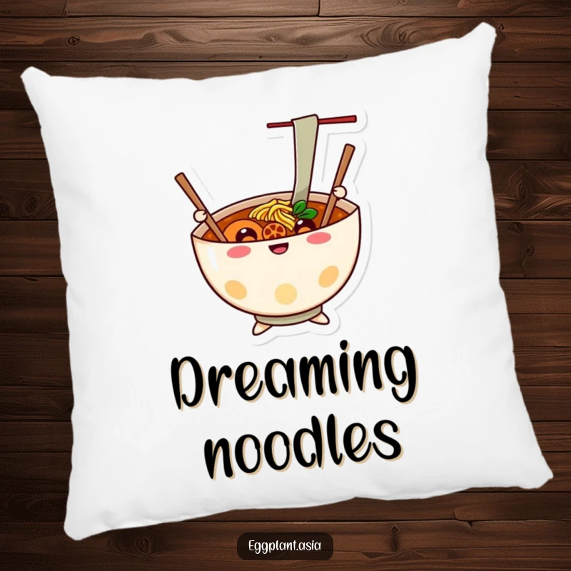 Funny cheerful ramen bowl character with chopsticks waving like arms, featured on a plush pillow.