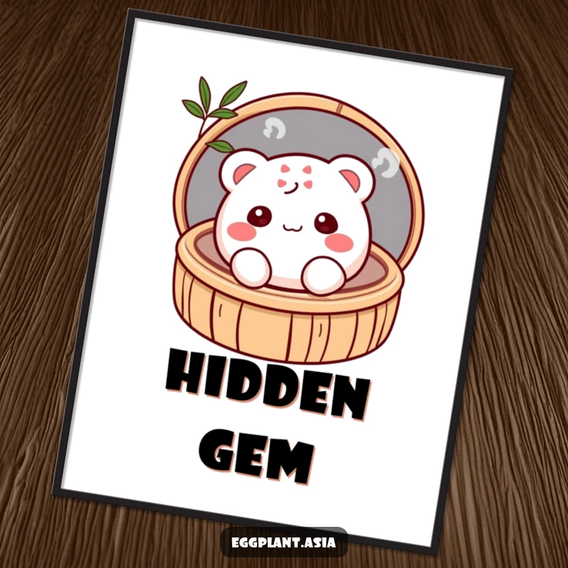 Funny shy, blushing bao bun character peeking from a bamboo steamer, a high-resolution digital art print.