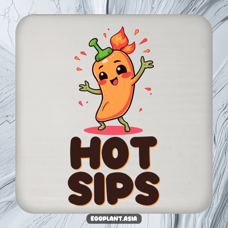 Funny spicy pepper character doing a fiery dance with animated sparks on a protective coaster.