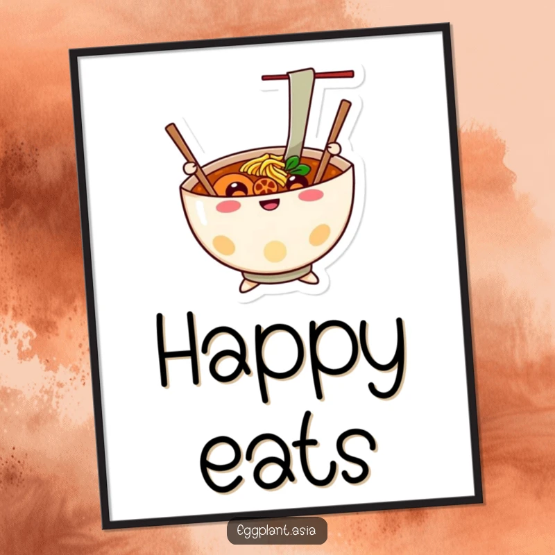 Funny cheerful ramen bowl with chopsticks like arms waving happily, creating a vibrant poster.