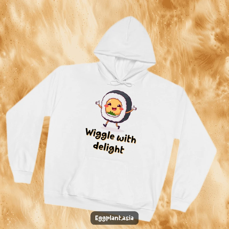 Funny sushi roll character with small legs doing a lively jig, depicted on a cozy hoodie for ultimate comfort.