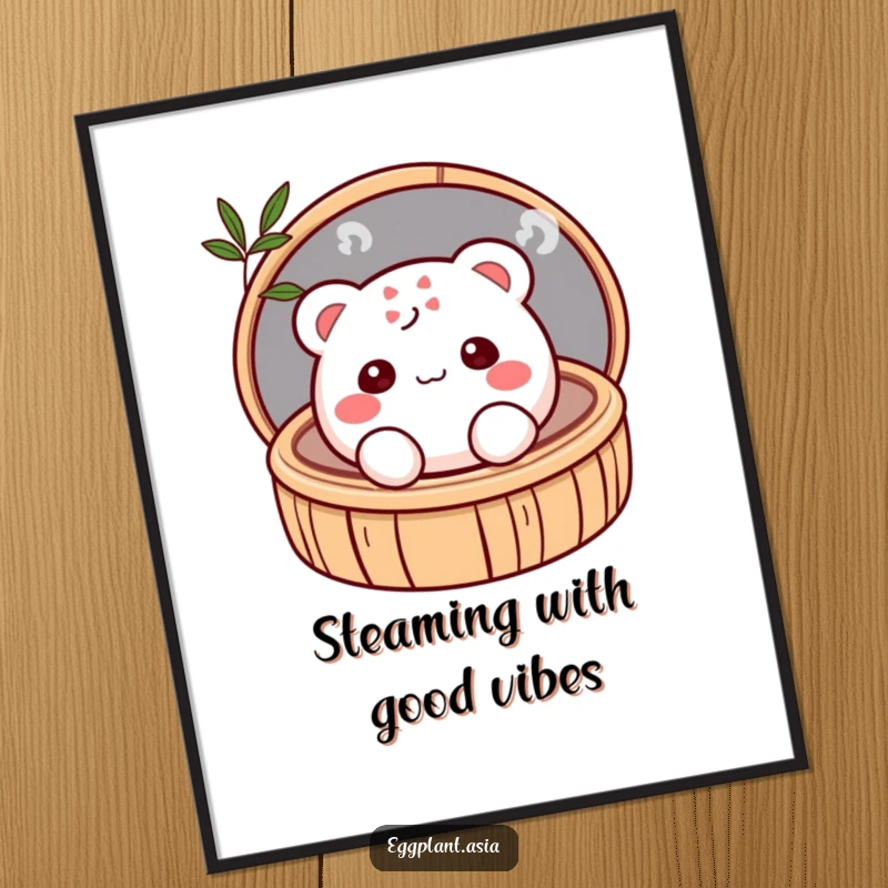 Funny Free Printable Wall Art: Shy, blushing bao bun peeks out from a bamboo steamer, adding culinary cuteness.