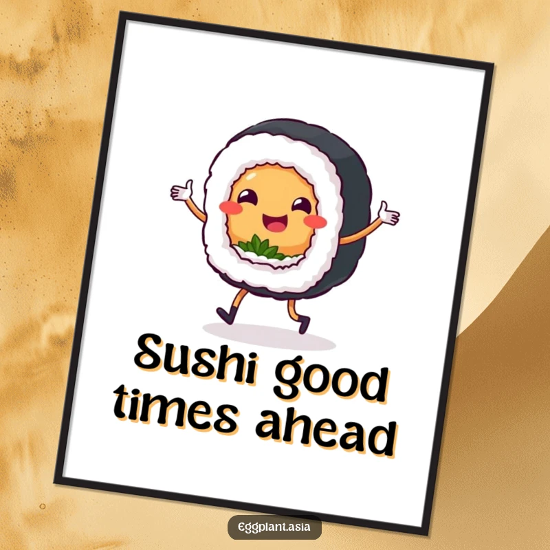 Funny Free Printable Wall Art: Smiling sushi roll with tiny legs performs a lively jig, adding a playful touch.