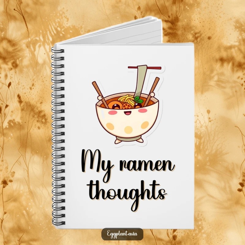 Funny cheerful ramen bowl character with chopsticks waving like arms on a notebook cover.
