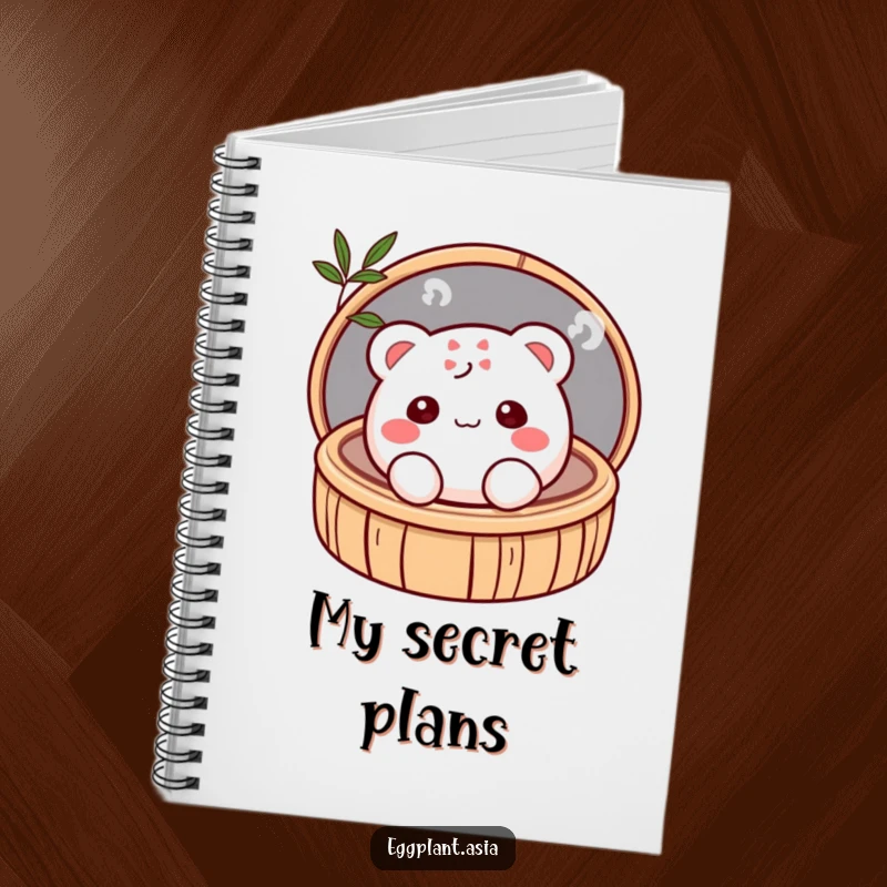 Funny shy, blushing bao bun character peeking from a bamboo steamer on a notebook cover.