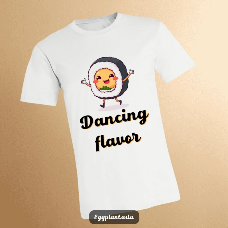 Funny sushi roll character with tiny legs performing a joyful jig, printed on a comfortable and humorous t-shirt.