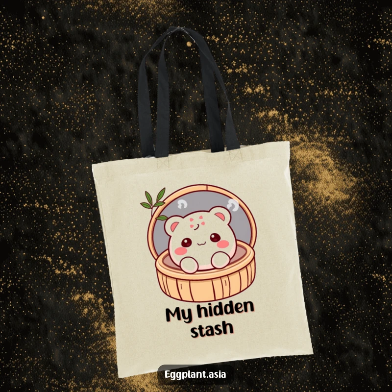 Funny shy and blushing bao bun character peeking from a bamboo steamer on a practical tote bag.