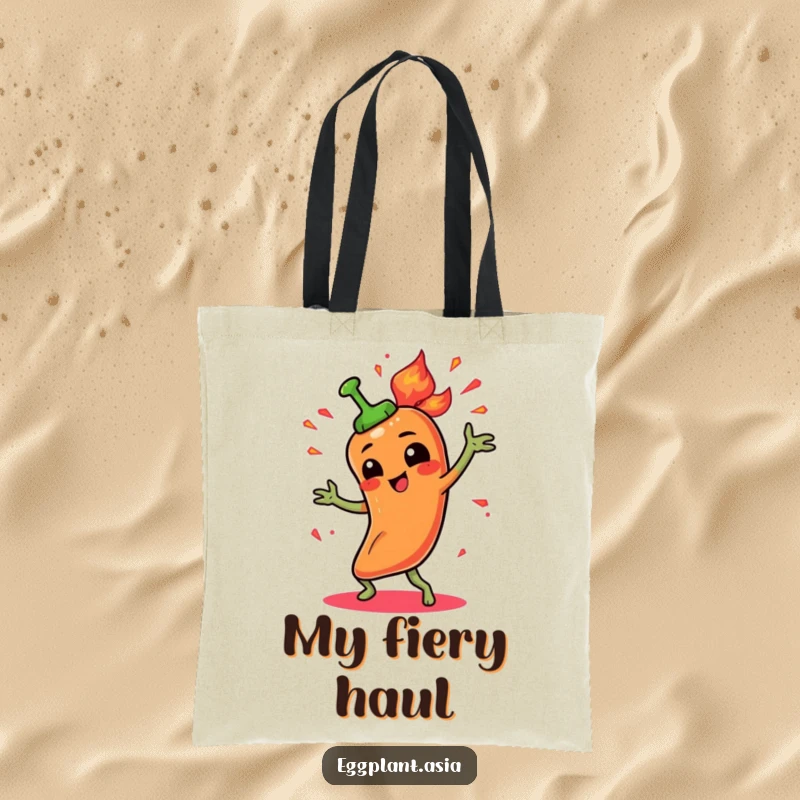 Funny spicy pepper character doing a fiery dance with animated sparks on a practical tote bag.
