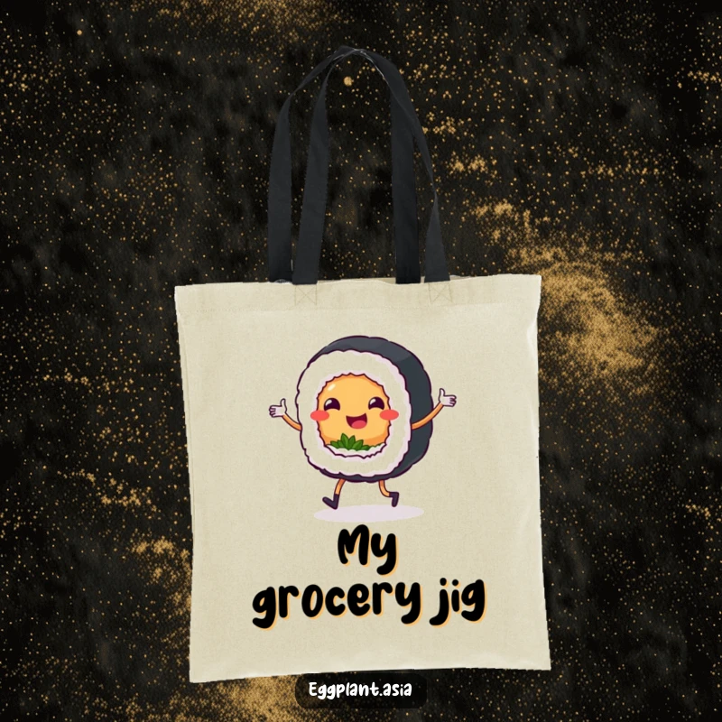 Funny smiling sushi roll character with tiny legs dancing a jig on a practical and stylish tote bag.